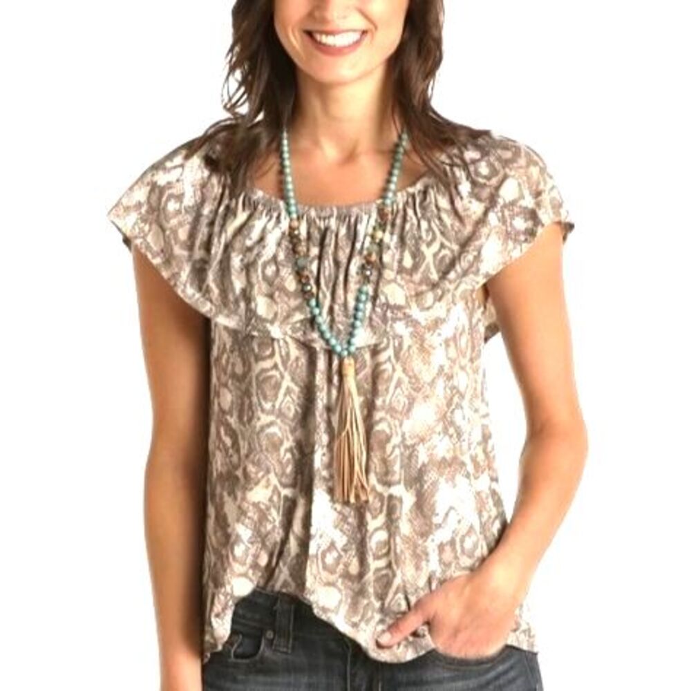 Panhandle NWT Brown & Cream Snakeskin Print On/Off‎ Shoulder Blouse Size L